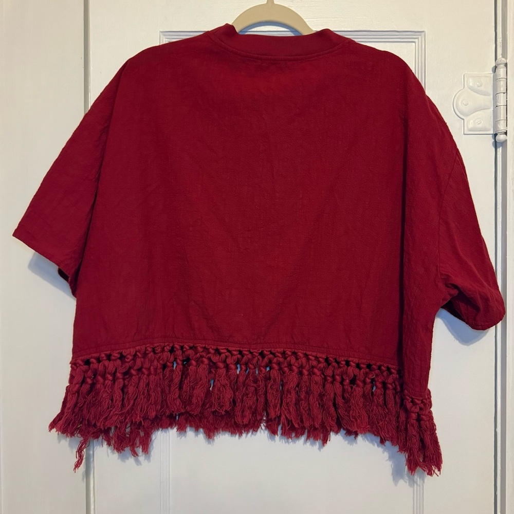 Cider Solid Round Neckline Tassel Boho Short Sleeve Top Curve In Wine Size 4X - Picture 3 of 6